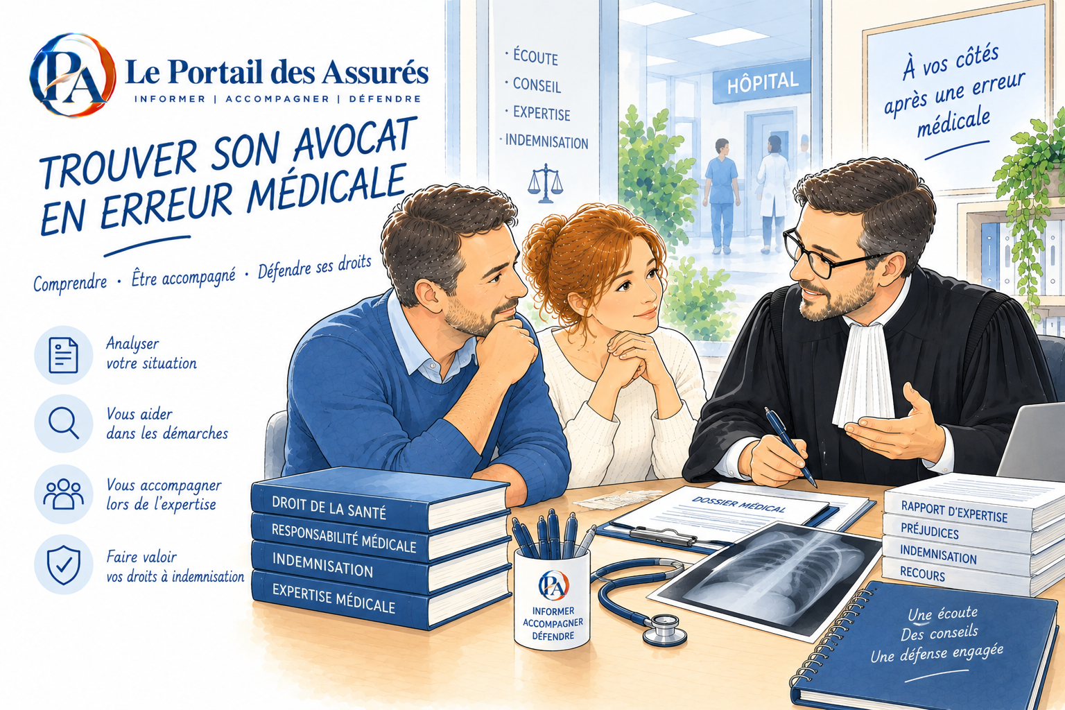 Victimes accompagnées par un avocat en erreur médicale pour comprendre leurs droits, l’expertise et leur indemnisation